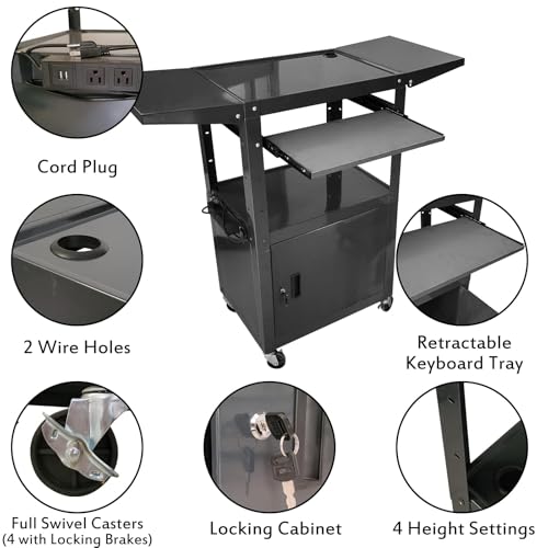 AV Cart with Locking Cabinet and Keyboard Tray Height Adjustable Utility Cart with Extra Storage,Computer Cart with Wheels and Power Strip for Presentations Office Holds 300 Lbs(Black/43”x18”x43”)
