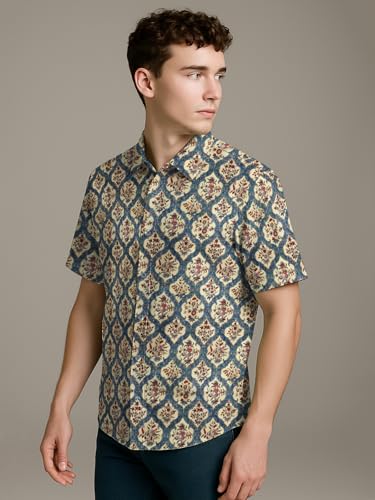 Image of BULLMER Trendy Regular Fit Cotton Blend Printed Casual Half Sleeve Shirt for Men | Stylish Mens Casual Shirts | Shirts for Men