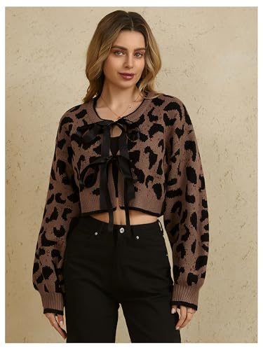 MakeMeChic Women's Tie Front Cardigan Leopard Print Bow Long Sleeve Crop Sweater Outerwear3