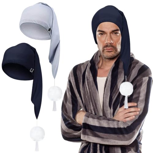 BAOZOON 2 gorros de dormir ajustables para hombre, con cordón, gorro de noche con pompón para uso diario, Azul marino, gris claro, talla única