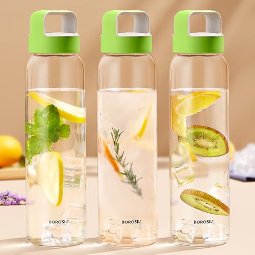 Image of Borosil 1000ml Neo Water Bottle with Green Husk Lid | Borosilicate Glass Wide Mouth Bottle for Fridge | Extreme Temperature Resistant For Hot & Cold Water, Milk, Lassi, Juice | Transparent (3pc)