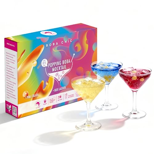 Boba Chic Popping Boba Mocktail Kit - Premade Diy Sparkling Drink Kit With 3 Flavors (Queen Roselle, Blue Lagoon, Pina Colada), Boba Pearls & Paper Straws, Gluten-Free, Vegan, Sweet Syrup Mixer For Creative Drinks