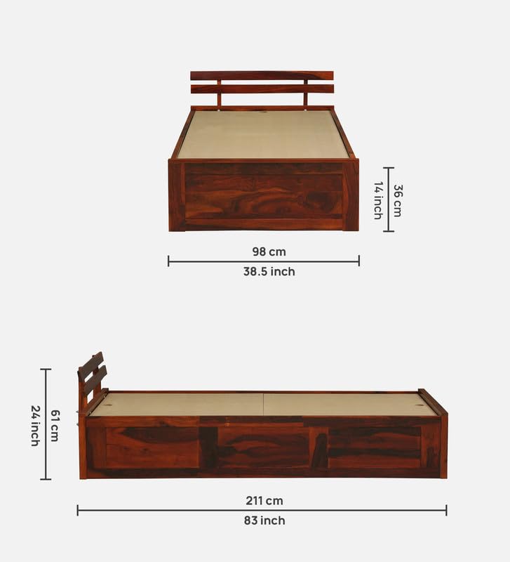Image of Solid Sheesham Wood Admire Single Bed with Box Storage | Wooden Single Bed Cot Palang Furniture for Bedroom Living Room Home and Hotel (Honey Oak Finish)
