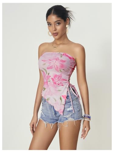 WDIRARA Women's Floral Mesh Strapless Side Ruched Tube Top Asymmetrical Hem Bandeau Crop Tops4