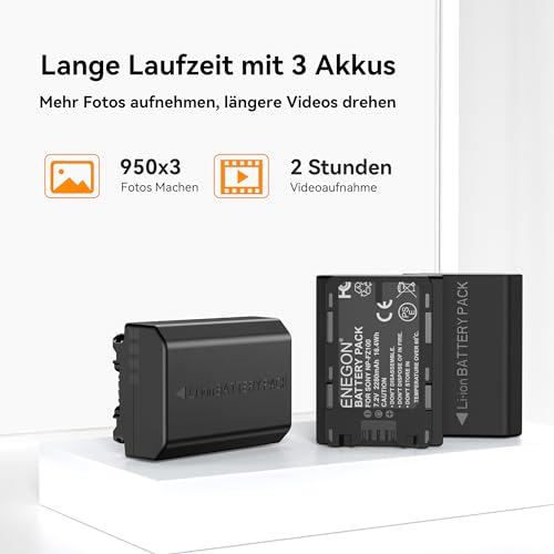 ENEGON NP-FZ100 Akkus (3×2280mAh) Inkl. 3-Slot Ladegerät mit LCD-Anzeige, Kompatibel mit Sony Alpha 7 III/7 IV, A7C/A7C R, A7R III/IV/V, ZV-E1, FX3, FX30, A1, A6600, A6700, A9/A9 II Kamera