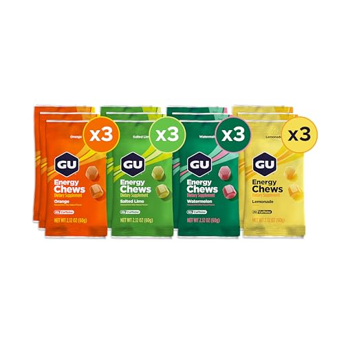 GU Energy Chews, Mixed Pack Gummies with Electrolytes, Vegan, Gluten-Free, Caffeine-Free, and Dairy-Free On-The-Go Energy for Any Workout,12 Bags (24 Servings Total), Flavors May Vary