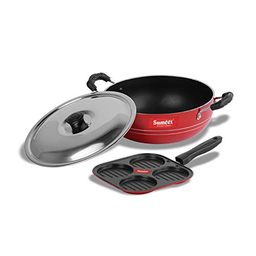 Image of Sumeet 2.6mm Thick Non-Stick Apple Cookware set (Mini Multi Snack Maker - 19.5cm Dia + Kadhai with Lid - 1.5Ltr capacity- 20cm Dia)