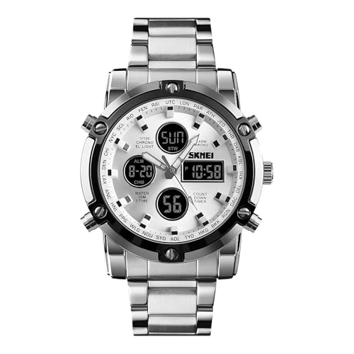 SKMEI Reloj de Pulsera para Hombre, Resistente al Agua, Militar, analógico, Digital, con cronógrafo LED multitiempo, Relojes de Negocios de Acero Inoxidable para Hombre, 1389-PLATA Plata, SKMEI Reloj de Pulsera para Hombre, Resistente al Agua, Militar, analógico, Digital, con cronógrafo LED multitiempo, Relojes de Negocios de Acero Inoxidable para Hombre, 1389-PLATA Plata,