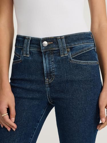 EXPRESS Women’s Hyper Sculpt ’70s Flare Jeans – Mid Rise Stretch Denim, Body-Contouring – Dark Wash4