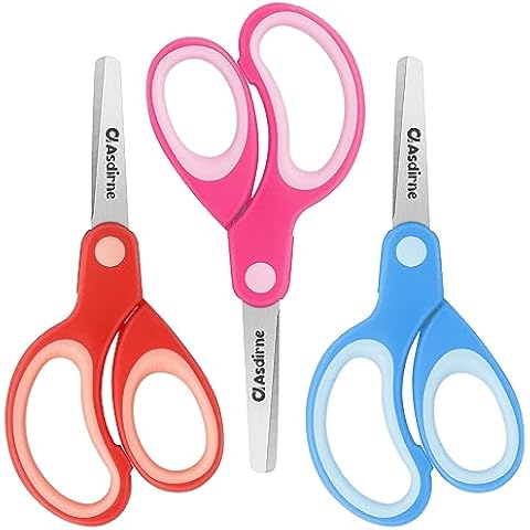 Asdirne Left Kids Scissors, Safety Children Scissors, Craft Scissors with Blunt Tip Stainless Steel Blades and Soft Grip, Great for Home and School, Assorted Color, 13.5cm, 3 Pack Cover