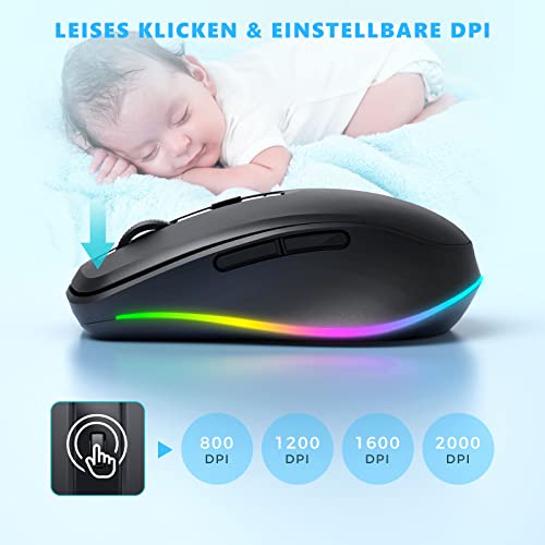 seenda Kabellose Maus LED, Wiederaufladbar Maus Kabellos mit Maus Jiggler, Leise 2.4G USB Funkmaus für Laptop, Computer Wireless Mouse Beleuchtet DPI 2000 für PC, Windows, MAC OS-Schwarz – Bild 5
