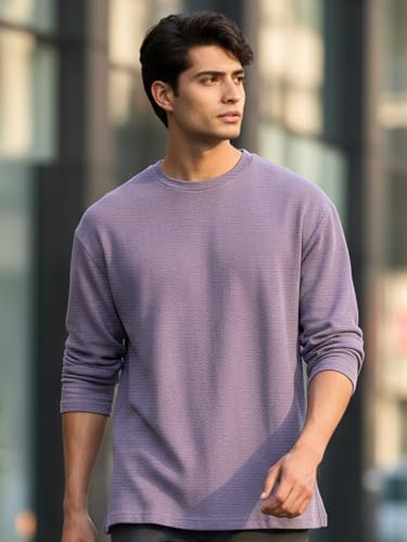 Image of Urbano Fashion Men's Textured Round Neck Oversized Full Sleeve Cotton T-Shirt