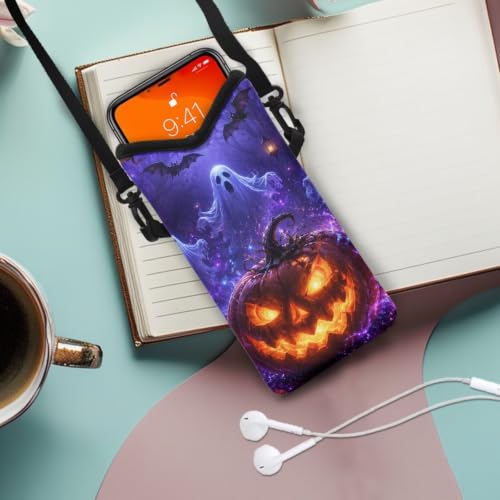 Image of Women's Crossbody Phone Bag Lightweight Neoprene Cellphone Case Waterproof Phone Carry Pouch for iPhone 17 /16 /15 Pro, for Samsung S25, S24, S23, S22, S21, Pumpkin Ghost Bat Print Violet