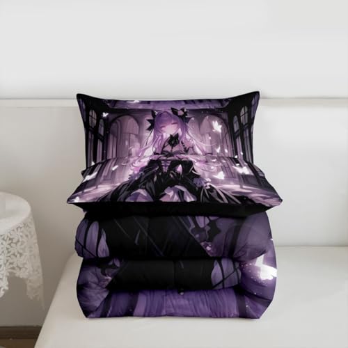 Image of Erosebridal 3D Girly Kids Comforter Set | Japanese Girl Bedding Queen Size Anime Gifts Down Comforter Purple Dreamy Butterfly Print Duvet Set for Bedroom