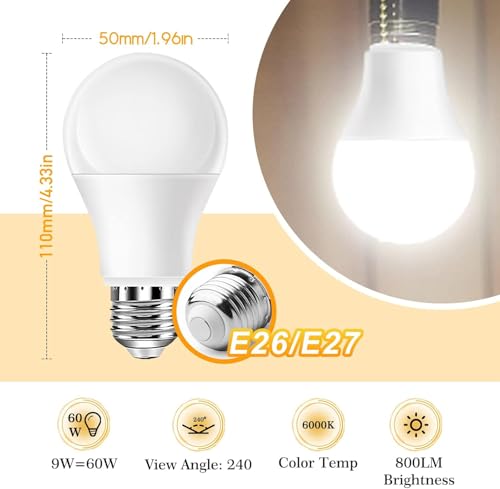 Image of Full Spectrum Light Bulb, 6000K Natural Sunlight Bulbs, 9W 60W Equivalent LED Light Bulb, Natural Light Bulbs A19, E26 /E27 LED Light Bulbs for Home, 12 Pack