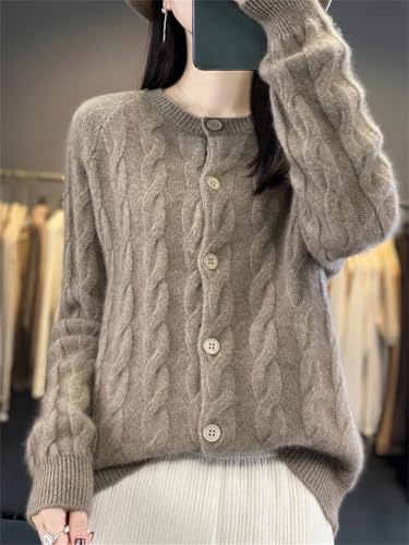 Women 100% Merino Wool Crewneck Cardigans Thick Cable Knit Sweater Coat Button Down Jumper3