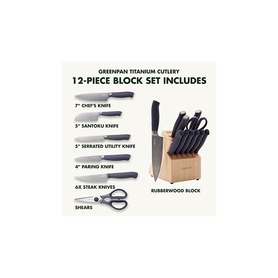 GreenPan Titanium 12-Piece Knife Block Set, Titanium Coated, Stainless Steel, Eco-friendly, Ergonomic Grip, Slip Resistant, Balanced, Heat Treated, Hand Sharpened, Dishwasher Safe