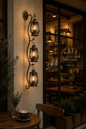 Image of Long Vintage Triple Lantern Wall Light | Antique Brass Decorative Wall Sconce | Rustic Hanging Lantern Wall Lamp | Cafe, Hotel, Farmhouse & Vintage Home Decor with Filament Bulb