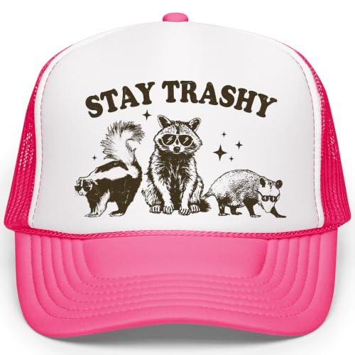 Image of Stay Trashy Funny Raccoon Graphic Classic 5 Panel Mesh Snap Back Trucker Hat
