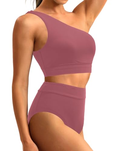 Image of Holipick Women One Shoulder High Waisted Bikini Sets Two Piece Swimsuit Tummy Control Bathing Suit Full Coverage Swimwear