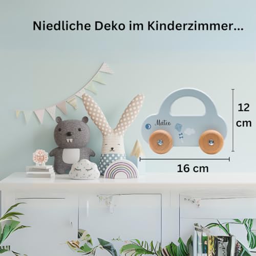 minipishop® Baby Geschenk personalisiert Junge Spielzeug Holzauto Blau I Erstes Auto mit Namen als Geschenkidee zur Geburt Holzspielzeug ab 1 Jahr