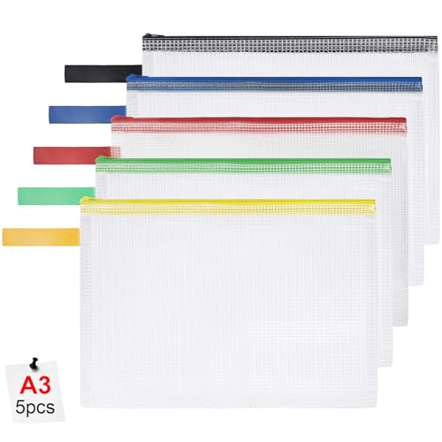 OFFCUP Dokumententasche A3, 5 Stück A3 Datei Taschen mit Reißverschluss, Wasserdichte Mesh Kunststoff Reißverschlusstasche für Datei, Papier, Dokumente, Kosmetika, Hausaufgaben und Reisezubehör