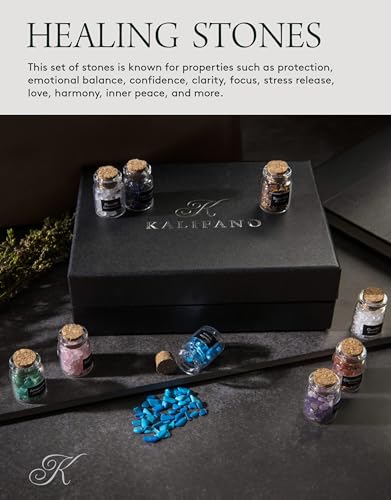 KALIFANO 9 Mini Gemstone Bottles - Tumbled Healing Crystal Chips in Glass Bottles (Amethyst, Amazonite, Carnelian, Fluorite, Howlite, Lapis, Quartz, Rose Quartz, & Tiger Eye)