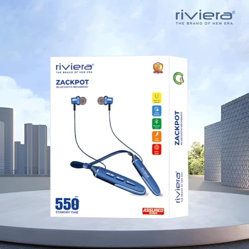Image of Riviera Zackpot Bluetooth Earphones Wireless, 55 Hours Playtime in Ear Neckband, BT V5.2 with Microphone, Magnatic Earbuds, Sweatproof Deep Bass, Type C Interface - Blue.