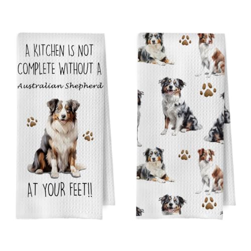 BlissfulAbon Australian Shepherd Kitchen Towels 16x24 Inch, Australian Shepherd Gifts Decorative Waffle Weave Dish Towels, Funny Dog Lovers Mom Gifts Hand Tea Towel, Set of 2