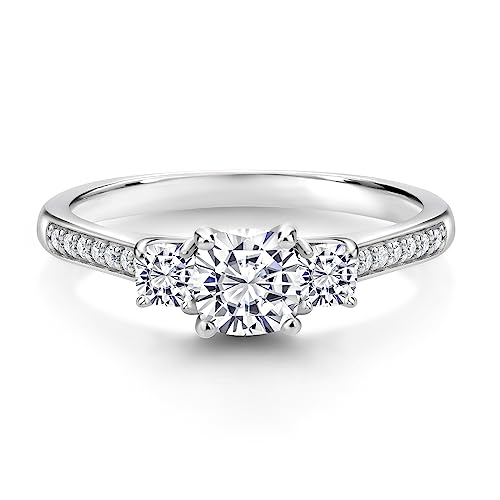 Gem Stone King 925 Sterling Silver Gemstone Birthstone and White Moissanite Ring | 5MM and 3MM Cushion | 3-Stone Wedding Engagement Anniversary Ring For Women | Available In Size 5, 6, 7, 8, 93