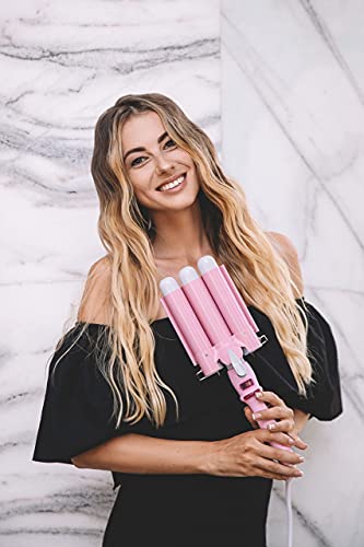 3 Barrel Curling Iron Wand Dual Voltage Hair Crimper with LCD Temp Display - Triple Barrels Temperature Adjustable Portable Hair Waver Heats Up Quickly (1.1 Inch, Pink)