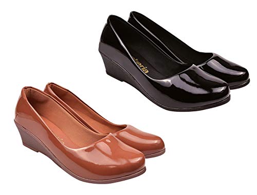 Kit 2 Pares Sapato Scarpin Anabela Salto Médio Eleganteria Tamanho:39;Cor:Marrom e Preto