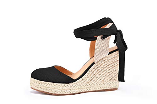 Image of FISACE Womens Summer Espadrille Heel Platform Wedge Sandals Ankle Buckle Strap Closed Toe Shoes