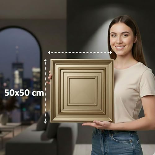 Image of Kayra Decor 3D PVC Wall Panels for Bedroom & Living Room | Frame Design | Golden Color| 19.7 x 19.7 Inch | Pack of 12 | 32.28 Sq Ft