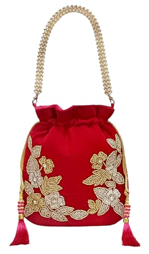 Image of Velvet Potli Bag with Golden & Silver Beaded Flower Embroidery - Handcrafted Ethnic Drawstring Bag for Weddings, Parties & Festive Gifts - Beaded Handle & Tassels for Women
