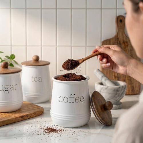 Image of Stylish Airtight Container for Kitchen, Tea Coffee Sugar Storage, White, Metal with Wooden Lid & Spoon, 1000ml, Canister for Kitchen Counter top | Food-Safe Jar Set of 3 (Tea coffee & Sugar)