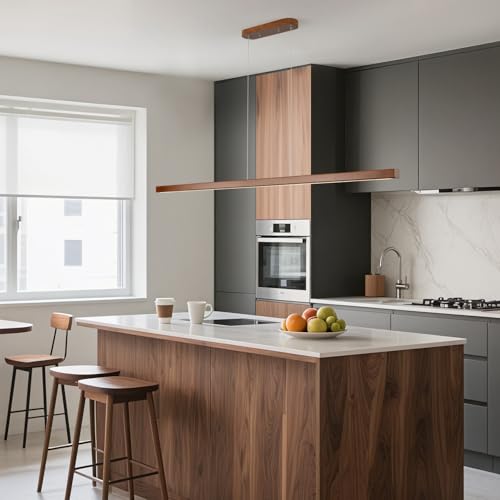 Image of 55 Inch Wood Linear Pendant Light Dimmable LED Kitchen Island Lighting with Remote Adjustable Hanging Chandelier for Dining Room Bar Pool Table 30W Modern Farmhouse Fixture Walnut Color