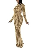 Jigfar Women's Sexy Elegant Rhinestone Long Sleeve Complete Mesh See Through Bodycon Maxi Dress(5351,Gold,L)
