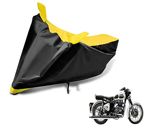Image of Auto Hub Bike Cover Compatible with RE Classic 350 with Mirror Pocket, Dustproof, Heat Resistant, Triple Stitched, Classic 350 Bike Cover- Black, Yellow