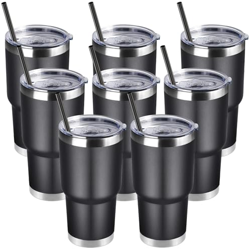 DOMICARE 30oz Tumbler Bulk with Lid and Straw, Double Wall Travel Coffee Mug, Insulated Vacuum Stainless Steel Tumblers, Powder Coated Tumbler Cup (Black, 8)