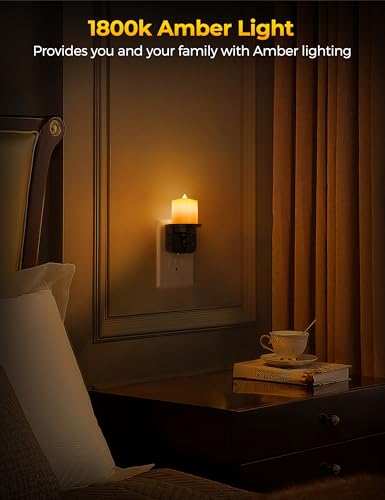 Image of Briignite Flameless Candle Night Lights, Amber Plug-in 2 Pack, LED Candle with Light Sensor, 0-100LM Dimmable, Kids Hallway Bathroom Nightlight