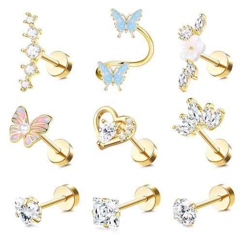 JewBella 9 Piezas 16G Pendientes Mujer Acero Quirurgico Piercing Oreja Cartílago Plata/Oro Pendientes Corazón Flor Conjunto Piercing Helix Tragus Conch