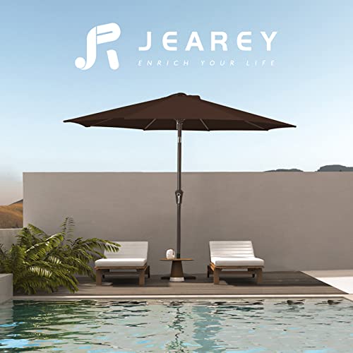 Image of JEAREY 9FT Outdoor Patio Umbrella Outdoor Table Umbrella with Push Button Tilt and Crank, Market Umbrella 8 Sturdy Ribs UV Protection Waterproof for Garden, Deck, Backyard, Pool (Brown)