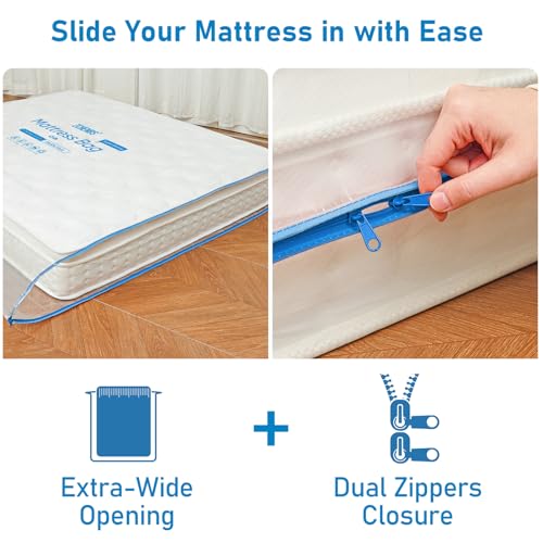 Image of ZCHENBS - Crib Mattress Bags for Moving, Waterproof Mattress Storage Bag with Zipper, Heavy-Duty 5 Mil Ultra-Thick Baby Bed Protector Bag Cover for Moving, Reusable (Transparent /Blue, 1 Pack)