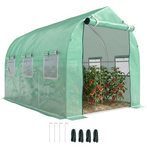 Outsunny Invernadero de Exterior 3x2x2 m Invernadero de Túnel con 6 Ventanas de Malla Puerta Enrollable Cubierta de PE 140g/㎡ Anti-UV Marco de Metal Galvanizado para Patio Jardín Verde