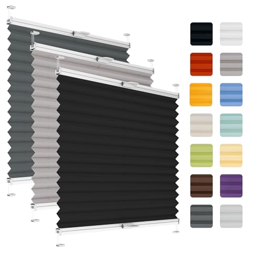 Fenster Plissee ohne Bohren zum Kleben auf Rahmen - Thermo Plisseerollo Innen - Rollo Jalousie auf den Fensterrahmen Faltrollo Sichtschutz Blickdicht für Fenster & Tür - Schwarz 65 x 80 cm