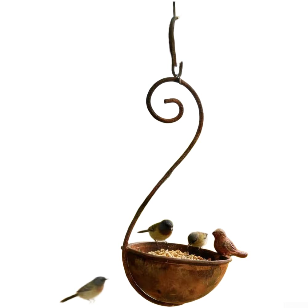 Mangiatoia per uccelli rustica in ferro da appendere, decorazione da giardino per cortile, patio, villa, ciotola per uccelli selvatici in metallo invecchiato, per stile vintage di campagna, stazione