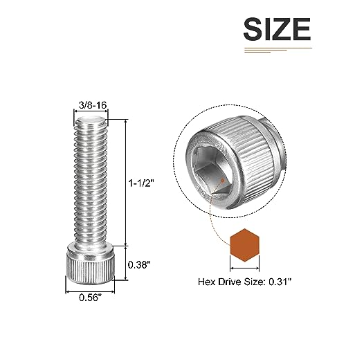 DTGN 3/8-16x1-1/2" Socket Head Cap Screws Bolts, 10Pcs 304 Stainless Steel 18-8, Machine Hex Socket Screw, Hex Drive - Image 2