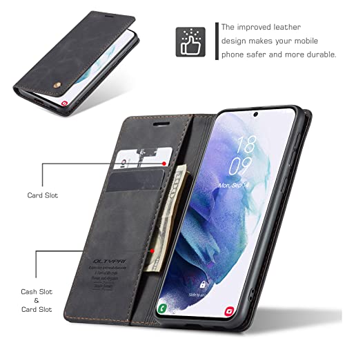QLTYPRI Case for Samsung Galaxy S21 5G, Vintage PU Leather Wallet Case Card Slot Kickstand Magnetic Closure Shockproof Flip Folio Case Cover for Samsung Galaxy S21 - Black