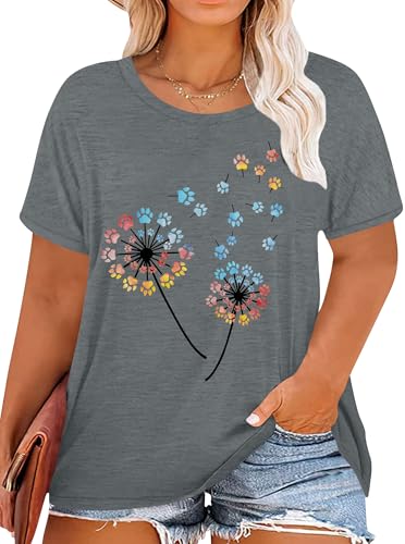 VVNTY Women’s Plus Size T Shirts Cute Dandelion Print Graphic Tshirt Oversized Summer Short Sleeve Round Neck Top XL-5XL (grey1,4XL Plus,)